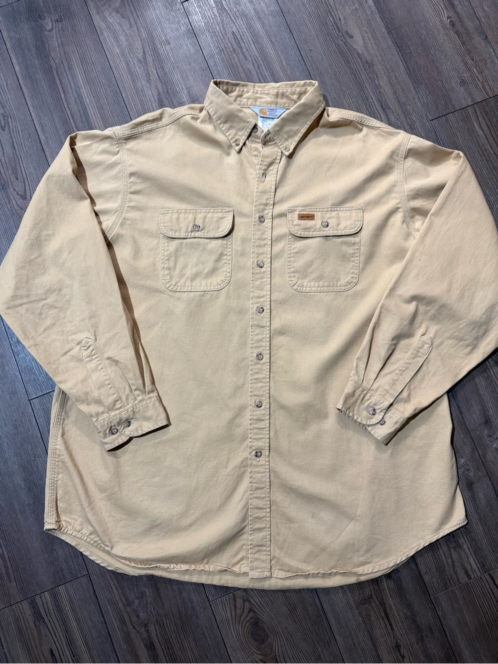 Vintage USA Carhartt Rugged Outdoor Work Shirt Tan Button Up 2XL Tall